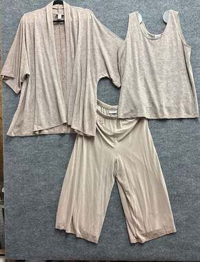 Chico's Travelers 3-Piece Set Cardigan Tank Wide Leg Pants Shimmer Tan Size 3